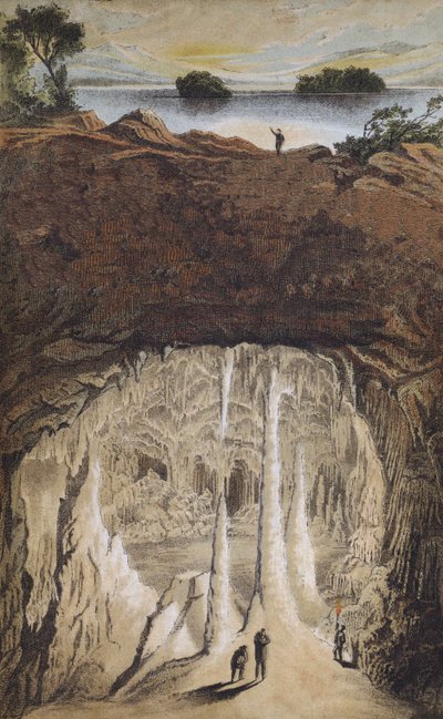 Drypsteinsstein og stalagmitter i en hule (farge litho) av German School
