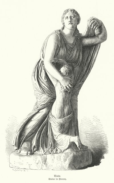 Statue av Niobe som beskytter et av barna hennes mot Artemis og Apollo (gravering) av German School