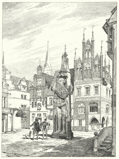 Statue av Roland reist i 1404 vendt mot katedralen i Bremen, Tyskland (gravering) av German School