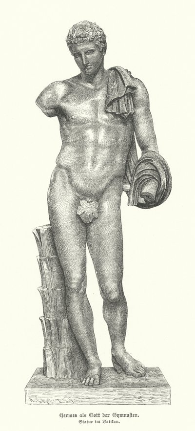 Statue av den antikke greske guden Hermes som gymnastenes gud (gravering) av German School