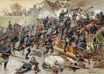 Storming av den store barrikaden ved inngangen til Le Bourget av dronning Elizabeth 3. regiment av grenadervakter, fransk-prøyssisk krig, 30. oktober 1870 av German School