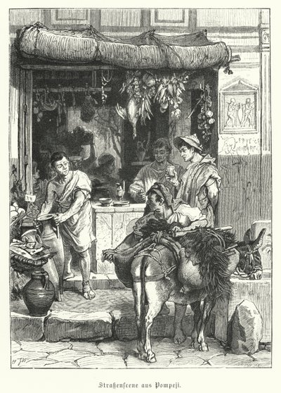 Gatescene i den gamle romerske byen Pompeii (gravering) av German School