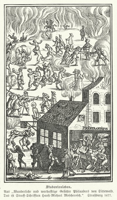 Studentliv: scene fra Blicke Philanders von Sittewald, av Johann Michael Moscherosch (gravering) av German School