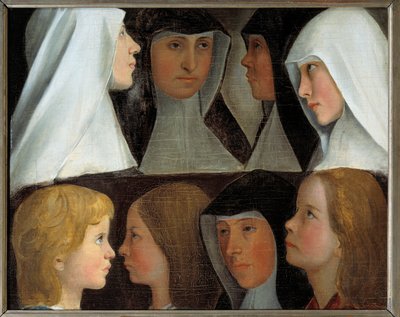 Studier av postulante og nybegynnere nonner av Saint Benedict Order Maleri av den tyske skolen på 1800-tallet Roanne, museum Joseph Dechelette - Studier av religiøse postulanter og noviser av Saint Benedict Order. Maleri av den tyske Schoo av German School