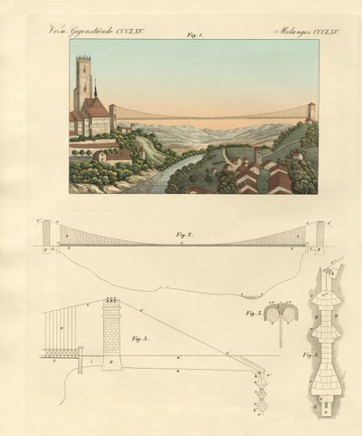 Hengebro i Freiburg i Sveits (farget gravering) av German School