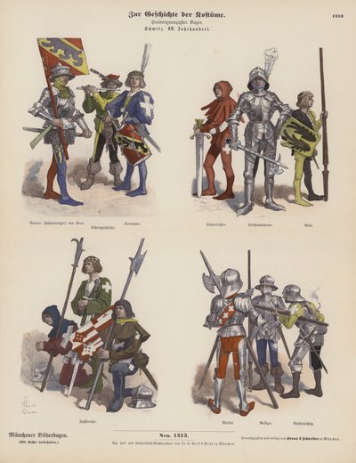 Sveitsiske militærkostymer fra det 15. århundre (farget gravering) av German School
