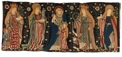 Tapestry antependium som viser St. Anne, Jomfruen og Kristus, og fire kvinnelige helgener, fra Midt-Rheinland av German School