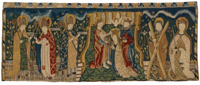Tapestry antependium som viser Jomfruens kroning mellom tre hellige biskoper og to helgener, fra Midt-Tyskland av German School