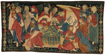 Tapestry antependium som viser Jomfruens død, fra Nürnberg (ull, gul silke og gulltråd) av German School