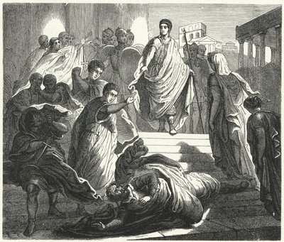 Tarquinius Superbus myrder sin svigerfar, Servius Tullus, for å kreve den romerske tronen (gravering) av German School