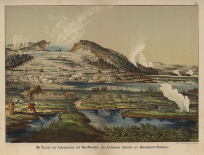Te Tarata (White Terrace), geotermiske silika-sinteravsetninger ved bredden av Lake Rotomahana, New Zealand (farge litho) av German School
