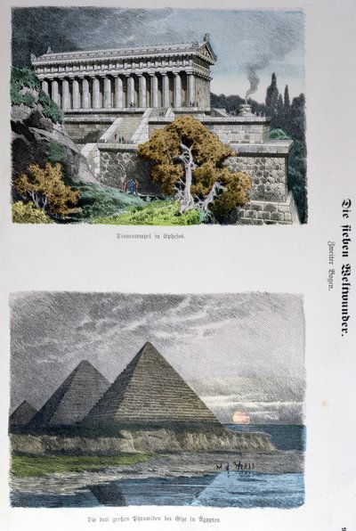 Diana-tempelet i Efesos og pyramidene i Giza, fra en serie av verdens syv underverker publisert i Munchener Bilderbogen, 1886 (fargegravering) av German School
