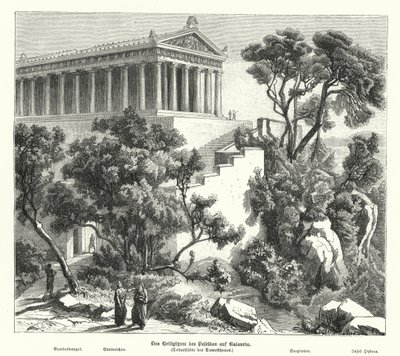 Poseidon-tempelet, Kalaureia, Hellas, hvor Demosthenes tok helligdom før han tok gift i 322 f.Kr. (gravering) av German School
