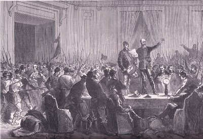 Den 106. bataljonen av nasjonalgardister leverer Trochu på Hotel De Ville, Cassells History of the War between France and Germany utgitt av Cassell and Company Limited, ca. 1890 (lito) av German School