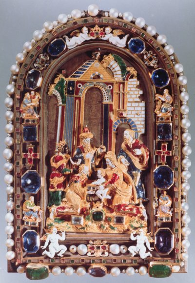 The Adoration of the Kings, relieffplakett innrammet med miniatyrfigurer av de fire evangelistene og putti vekslende med safirer, fra München (emalje, forgylt, halvedelstener, perler) av German School