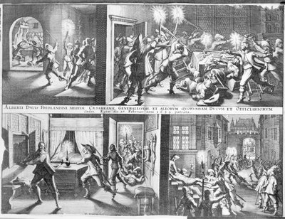 Attentatet på Albrecht von Wallenstein (1583–1634) i Eger av en styrke med irske og skotske offiserer under kommando av general Butler, 25. februar 1634 (gravering) av German School