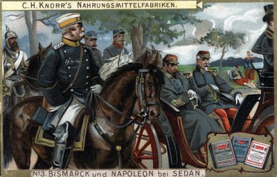 The Battle of Sedan, War of 1870: General Otto von Bismarck (1815-1898), King of Prussia escorted Emperor Napoleon III (Louis Napoleon Bonaparte av German School