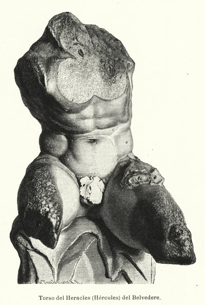 Belvedere Torso, romersk skulptur som tradisjonelt antas å være en representasjon av Hercules (litho) av German School