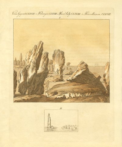 De keltiske monumentene i Carnac (farget gravering) av German School