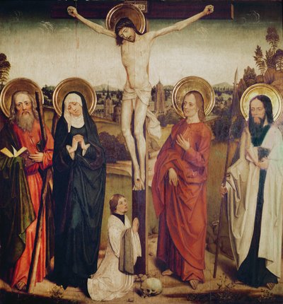 Korsfestelsen, med St Andrew, Saint Matthew og en mann som kneler ved foten av korset av German School