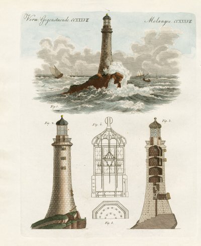The Eddystone Lighthouse (farget gravering) av German School