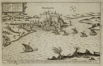 Beograds fall til tyrkerne i 1521, illustrasjon fra en bok om de osmanske kampanjene i Europa, gravert av Paul Furst (ca. 1605-66) av German School