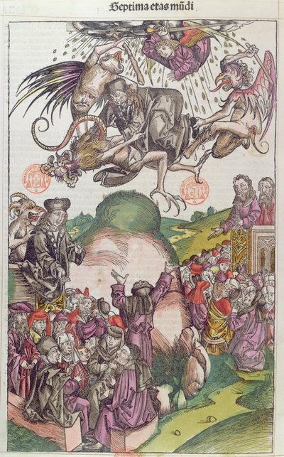 The Fall of Simon Magus, fra La Chronique de Nuremberg av Hartmann Schedel, Nurnberg, 1492 (fargetresnitt) av German School