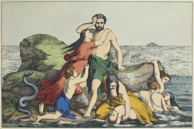 The Flood, illustrasjon fra LAncien Testament, utgitt av Jakob Ferdinand Schreiber, Esslingen (fargegravering) av German School