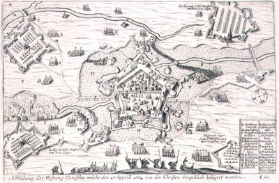 Festningen Canischa beleiret forgjeves av de kristne i 1664, illustrasjon fra en bok om de osmanske felttogene i Europa, gravert av Paul Furst (ca. 1605-66) (gravering) av German School