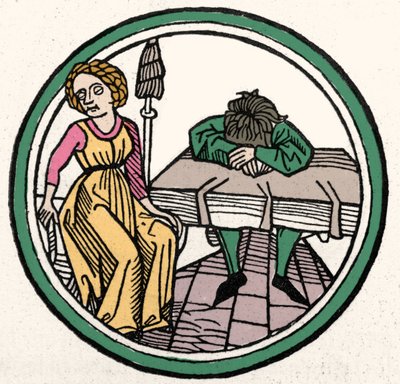 De fire temperamentene: Melankolsk (trist og deprimert) Xylography, Augsburg 1480 av German School