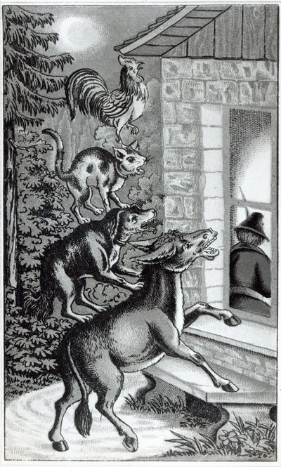 De fire dyrene som roper mot vinduet, illustrasjon for The Musicians of Bremen Town, fortelling av brødrene Grimm av German School