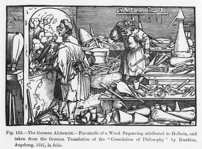Den tyske alkymisten, fra Consolation of Philosophy av Boethius, illustrasjon fra Science and Literature in the Middle Ages and Renaissance, skrevet og gravert av Paul Lacroix, 1878 (f. av German School