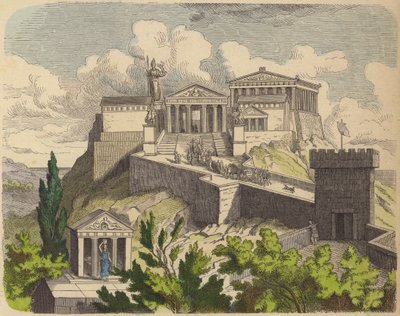 Parthenon på Akropolis, Athen (farget gravering) av German School