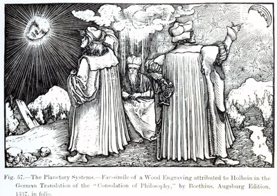 The Planetary Systems, fra The Consolation of Philosophy av Boethius, utgitt i 1537, illustrasjon fra Science and Literature in The Middle Ages and Renaissance, skrevet og gravert av Paul Lacr av German School