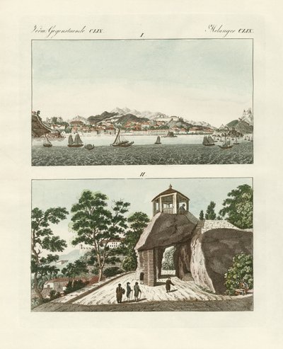 Den portugisiske kolonien Macau i Kina (farget gravering) av German School