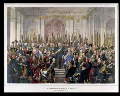 Erklæringen av Wilhelm som keiser av det nye tyske riket, i Speilsalen i Versailles 18. januar 1871, 1871 (fargegravering) av German School