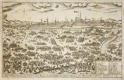 Beleiringen av Wien i 1529, illustrasjon fra en bok om de osmanske kampanjene i Europa, gravert av Paul Furst (ca. 1605-66) av German School