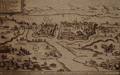 Beleiringen av Zolnock av tyrkerne i 1552, illustrasjon fra en bok om de osmanske kampanjene i Europa, gravert av Paul Furst (ca. 1605-66) (gravering) av German School