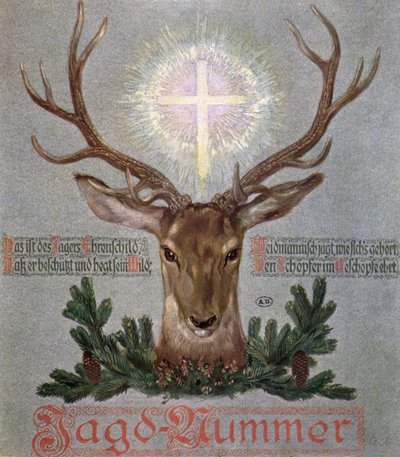 The Stag of St. Hubert (655-727), omslagsillustrasjon fra en jaktjournal, 1908 av German School