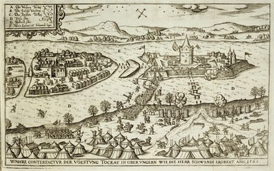 Byen Tokay gjenvunnet fra tyrkerne av Herr Schwendi i 1565, illustrasjon fra en bok om de osmanske kampanjene i Europa, gravert av Paul Furst (ca. 1605-66) av German School