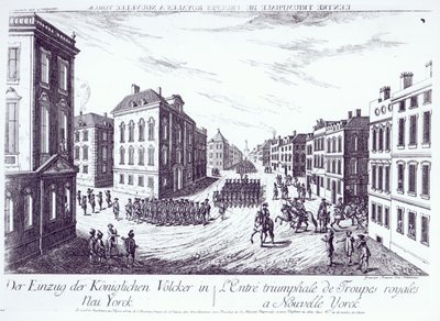 The Triumphant Entry of the Royal Troops in New York, 1776, gravert av Francois Xavier Habermann av German School