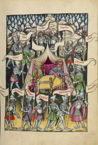 The Twelve Tribes of Israel fra Weltchronik Ms 33 fol.94, c.1400-10 (tempera, gull og sølvmaling, blekk på pergament) av German School