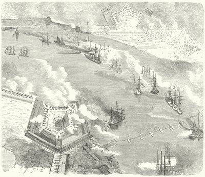 Unionsflåten angriper Fort Jackson og Fort St Philip, Louisiana, amerikansk borgerkrig, 1862 av German School