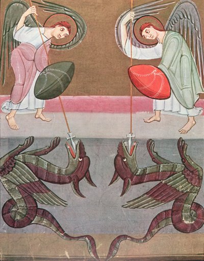 Englene som følger St. Michael angriper dragene, faksimile av Bamberg Apocalypse av German School