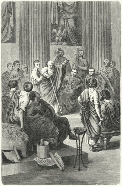 Den blinde Appius Claudius Caecus taler i det romerske senatet mot Cineas, ambassadøren til Pyrrhus av Epiris, 279 f.Kr. (gravering) av German School
