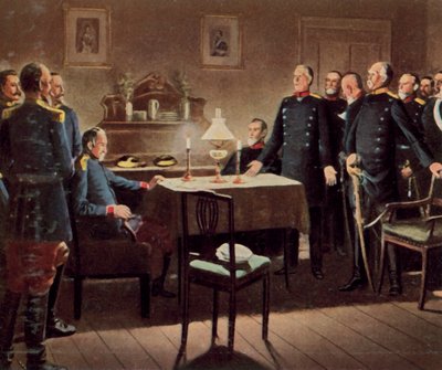 Kapitulasjonen av festningen Sedan, 2. september 1870 (forbedret fargelitografi) av German School