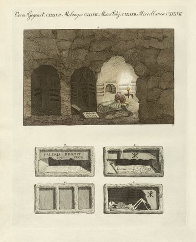 Katakombene til de underjordiske gravemaskinene i Roma (farget gravering) av German School