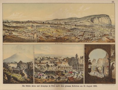 Byene Arica og Arequipa i Peru etter det store jordskjelvet 13. august 1868 (farge litho) av German School