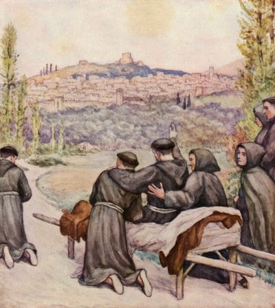 Den døende Frans velsigner byen Assisi (fargelitografi) av German School