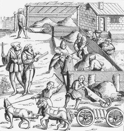 Utvinning av metaller, etter et tresnitt i Cosmographie Universelle of Munster, publisert 1552 av German School